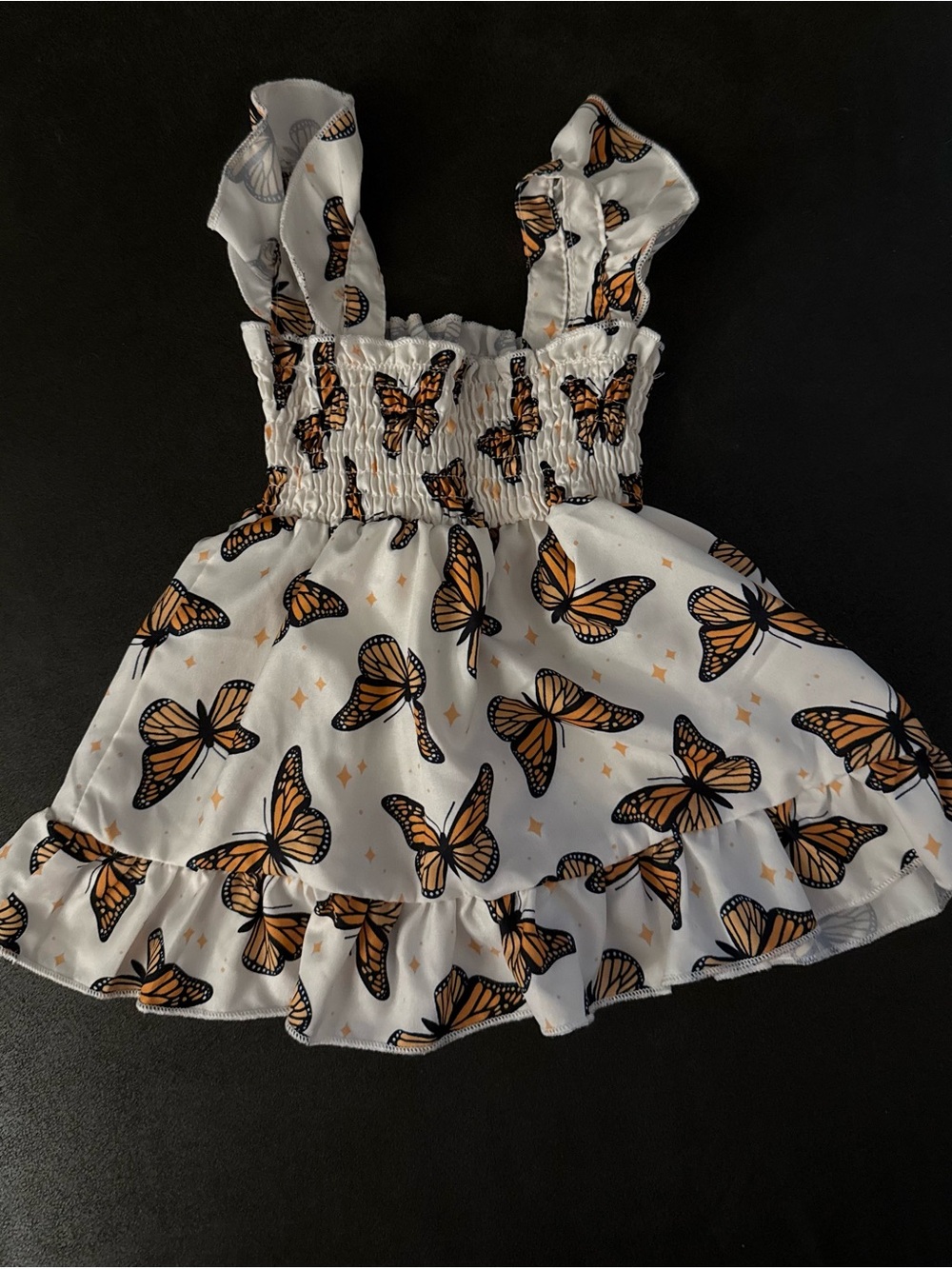 White Sundress with Orange Butterfly Print and Ruffle Hem